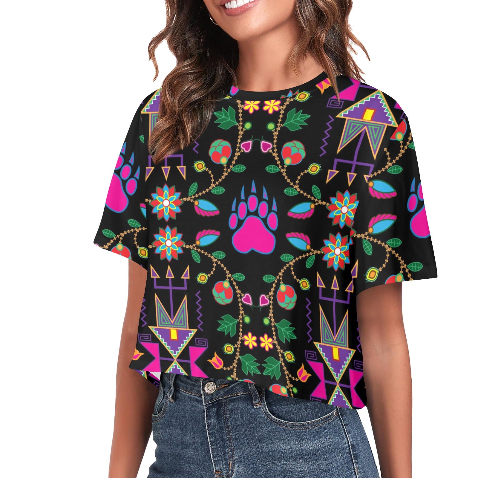 Geometric Floral Fall Black Women's Cropped T-shirt