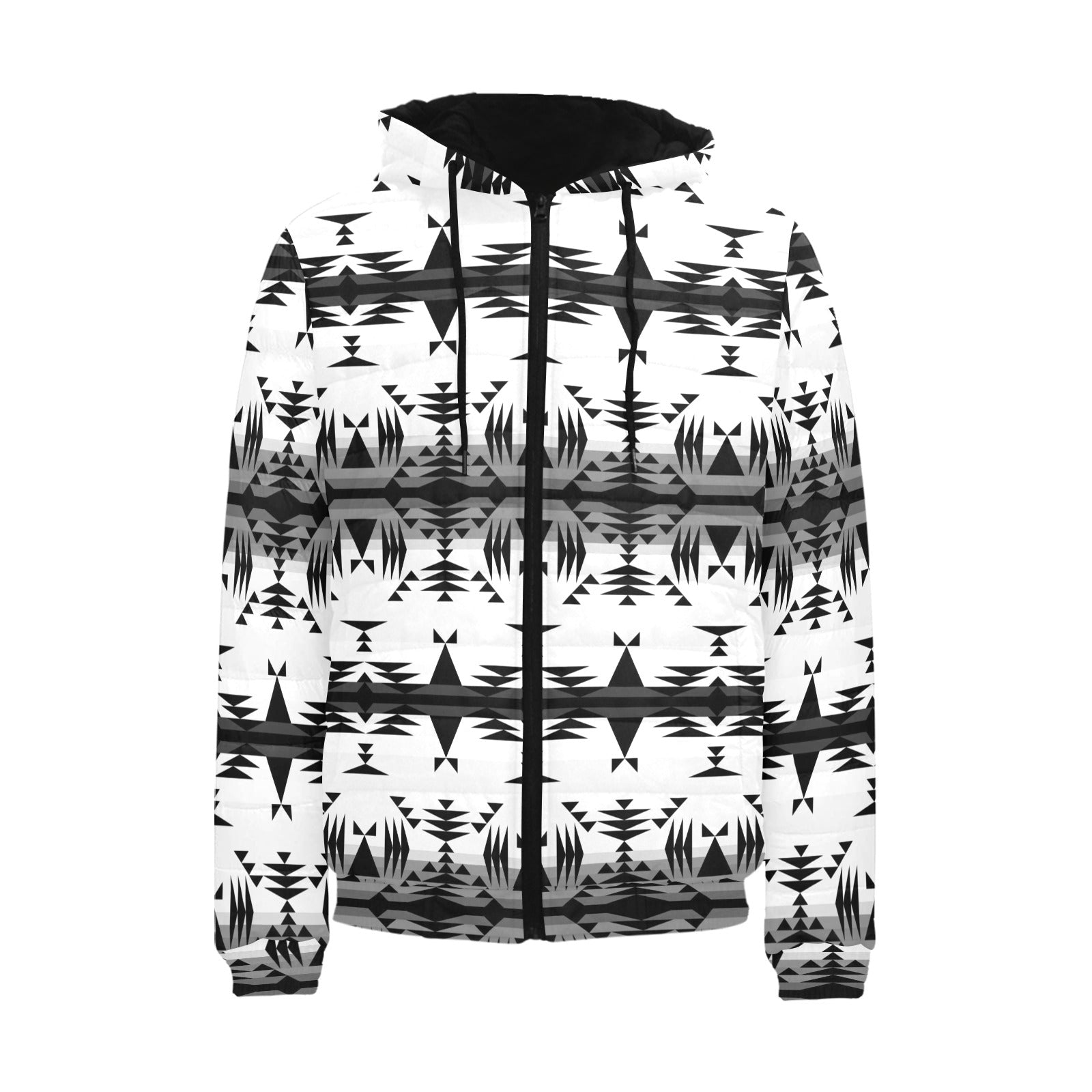 Between the Mountains White and Black Men's Padded Hooded Jacket