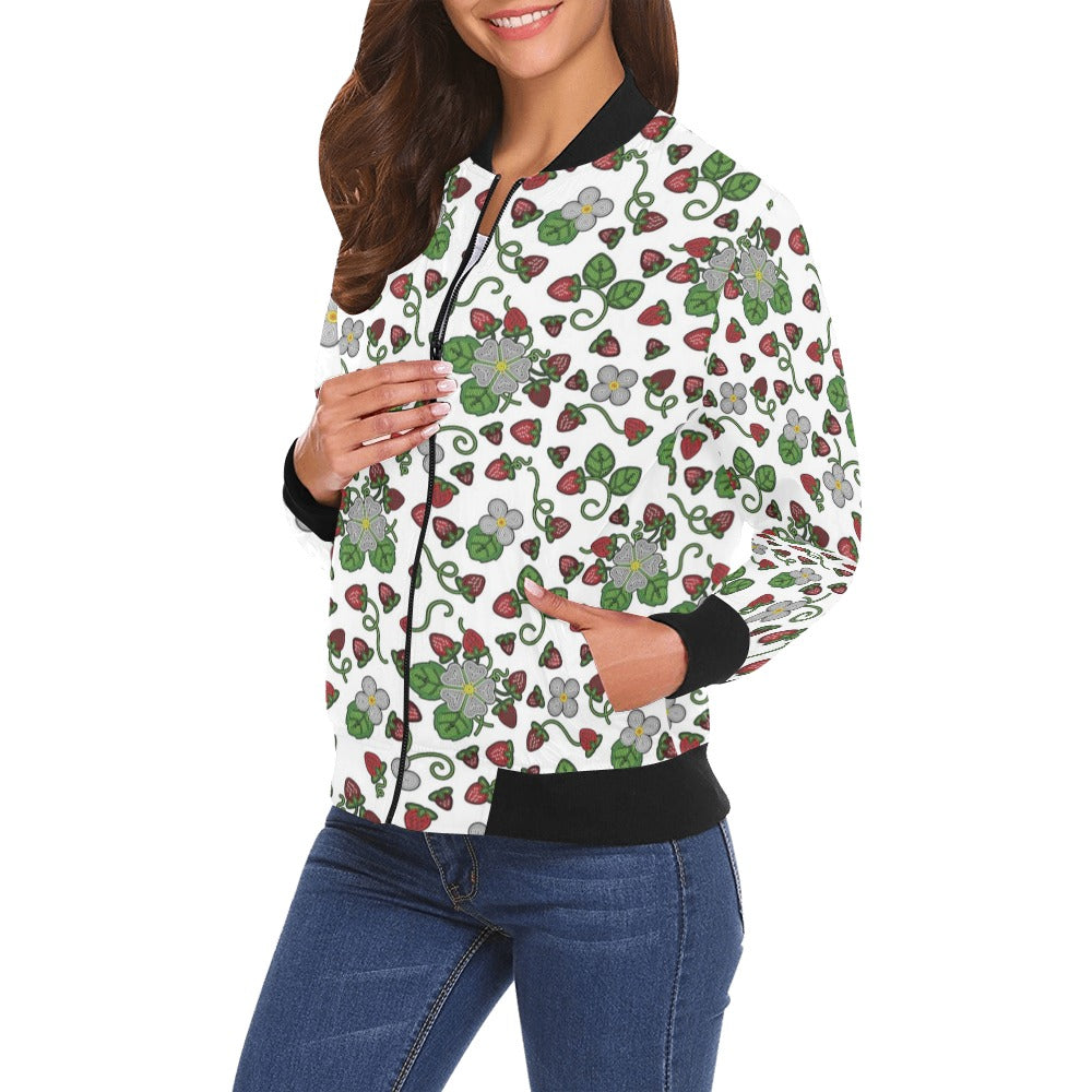Strawberry Dreams White All Over Print Bomber Jacket for Women