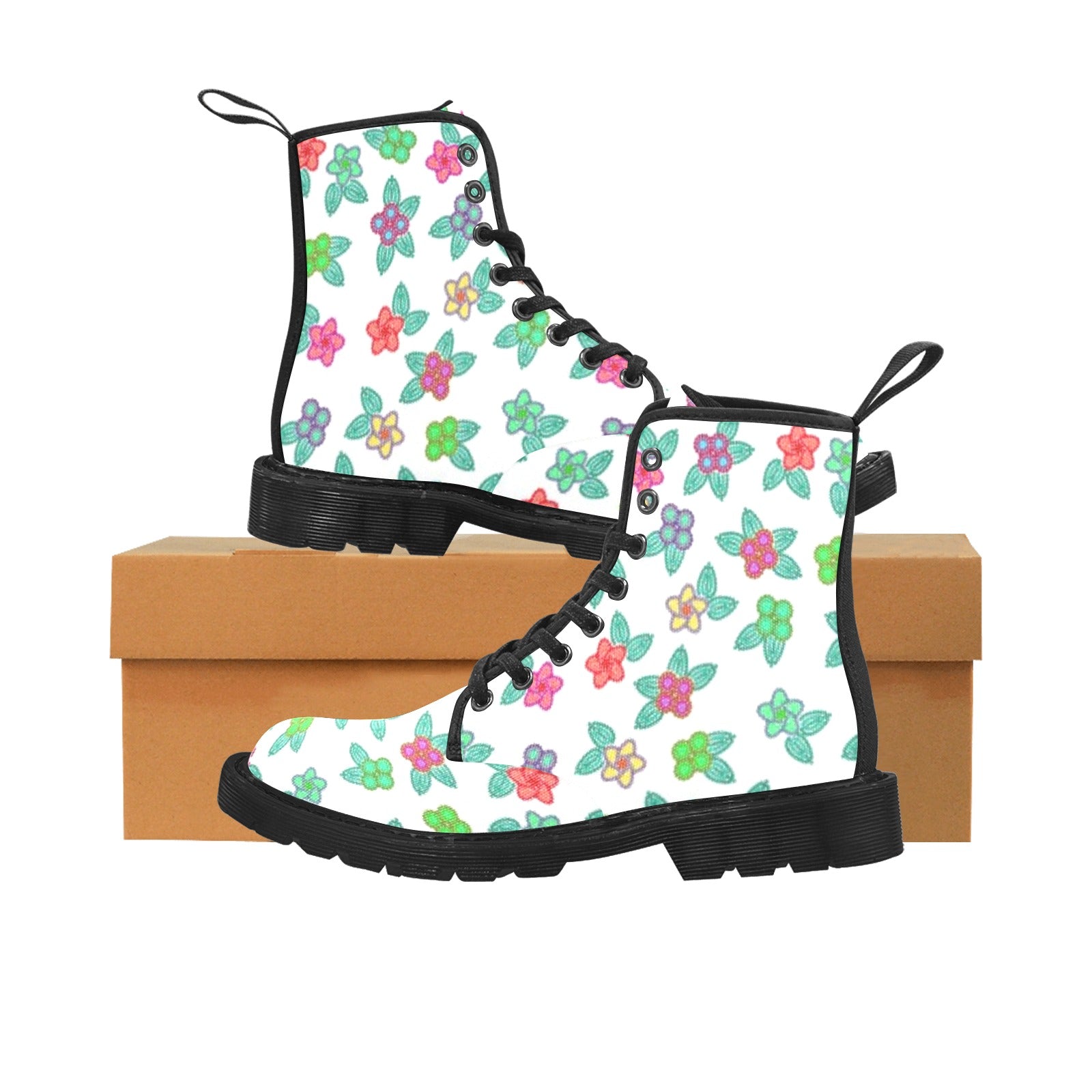 Berry Flowers White Boots for Men (Black)