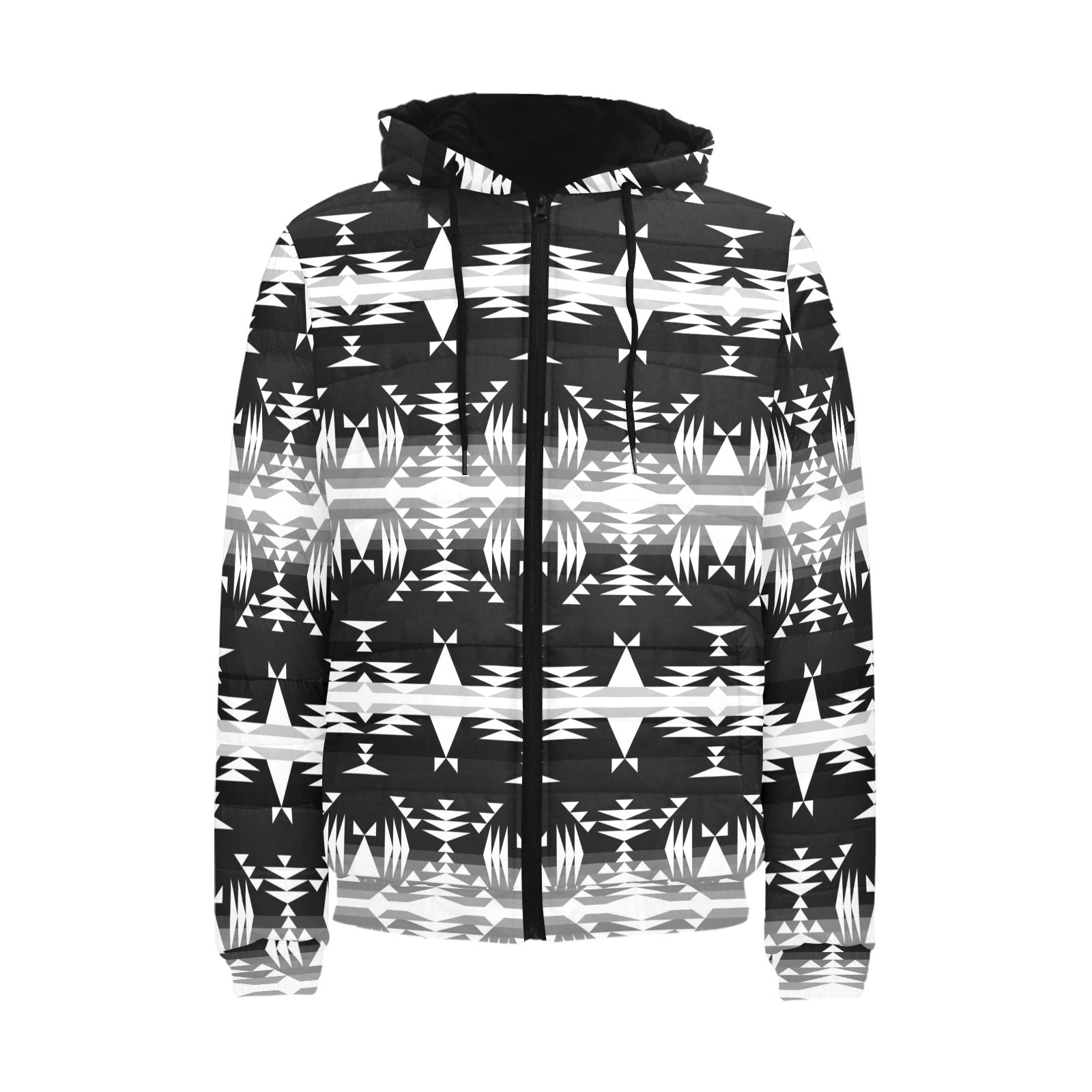 Between the Mountains Black and White Men's Padded Hooded Jacket