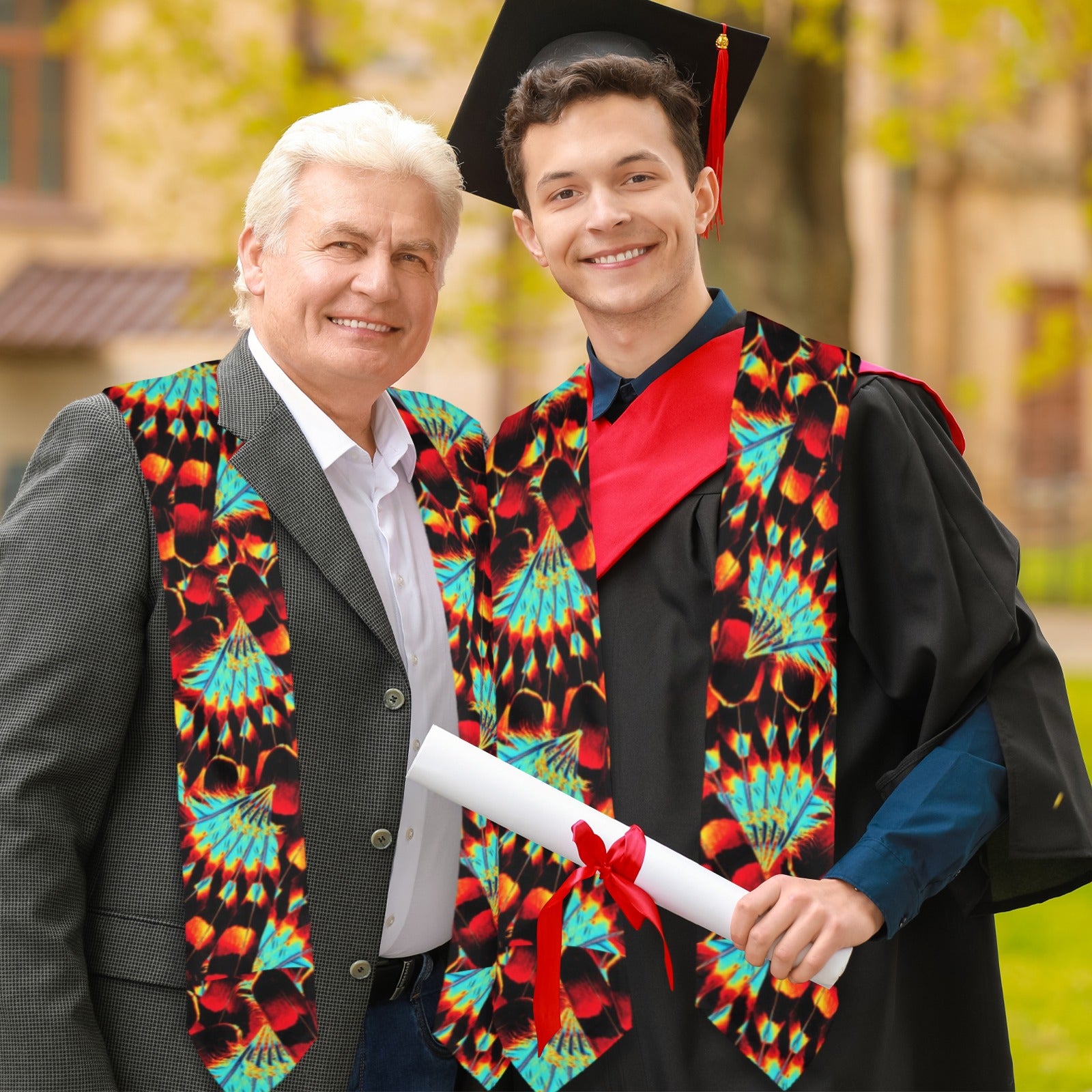 Hawk Feathers Fire and Turquoise Graduation Stole