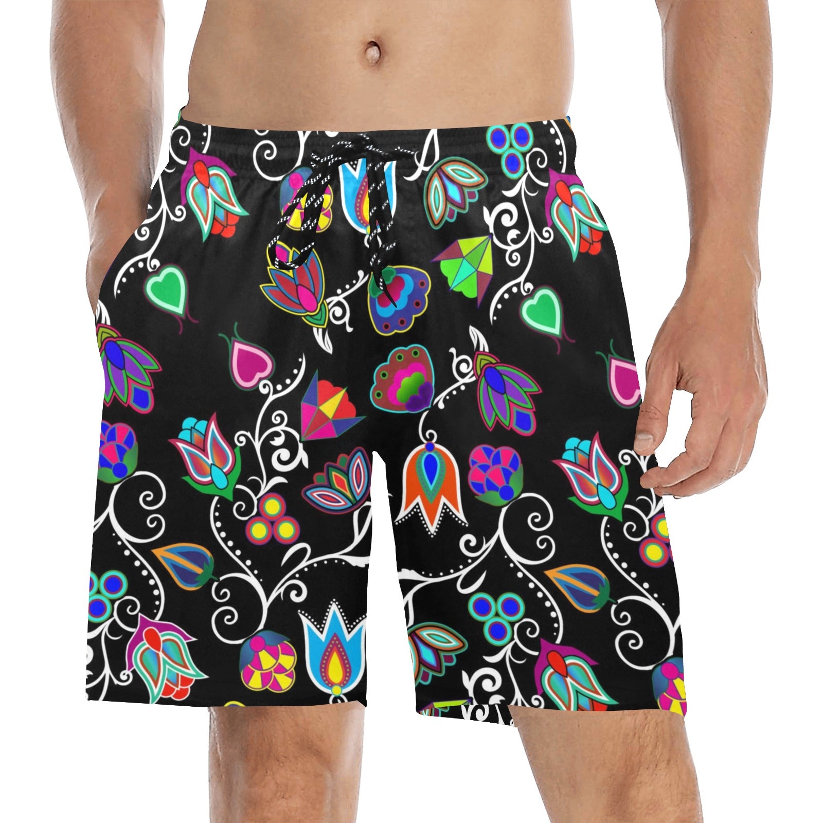 Indigenous Paisley Black Men's Mid-Length Beach Shorts