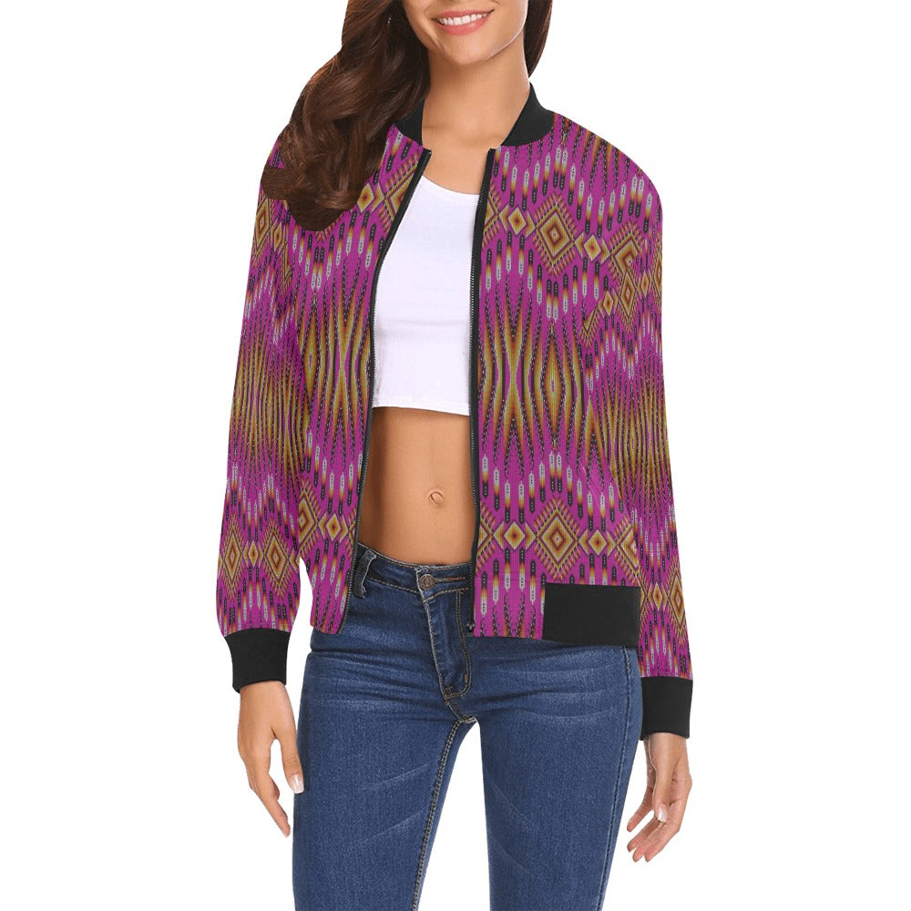 Fire Feather Pink All Over Print Bomber Jacket for Women