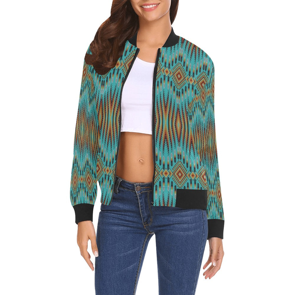 Fire Feather Turquoise All Over Print Bomber Jacket for Women