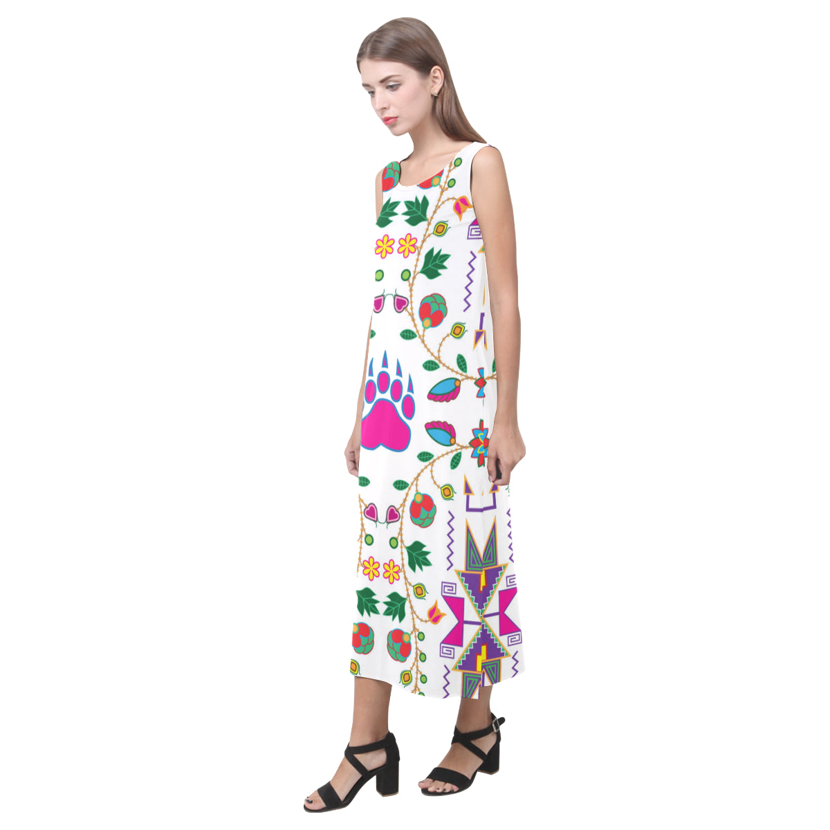 Geometric Floral Fall - White Phaedra Sleeveless Open Fork Long Dress