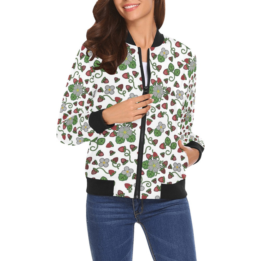 Strawberry Dreams White All Over Print Bomber Jacket for Women