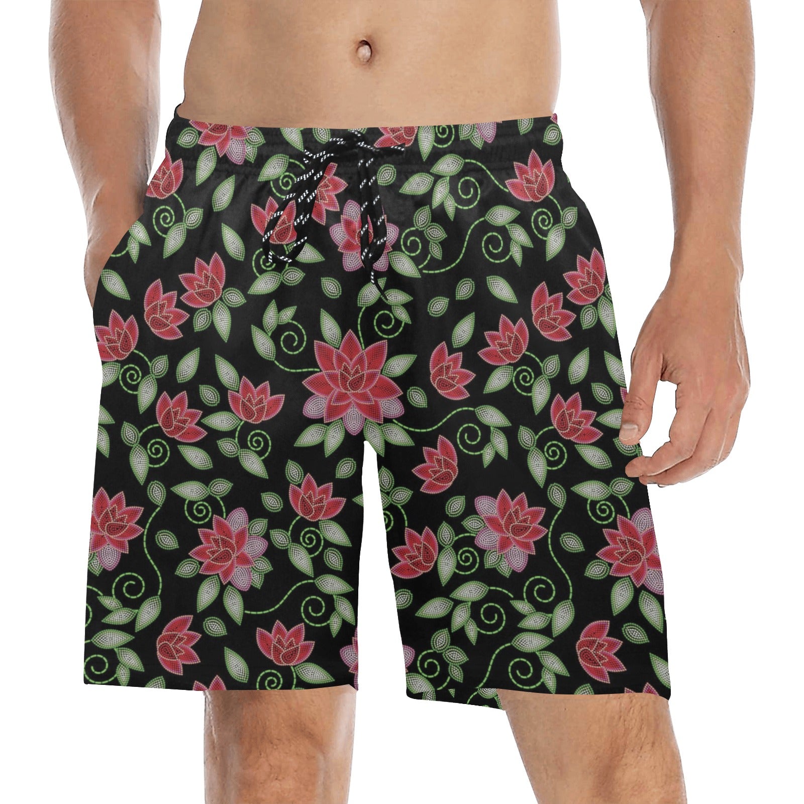 Red Beaded Rose Men's Mid-Length Beach Shorts