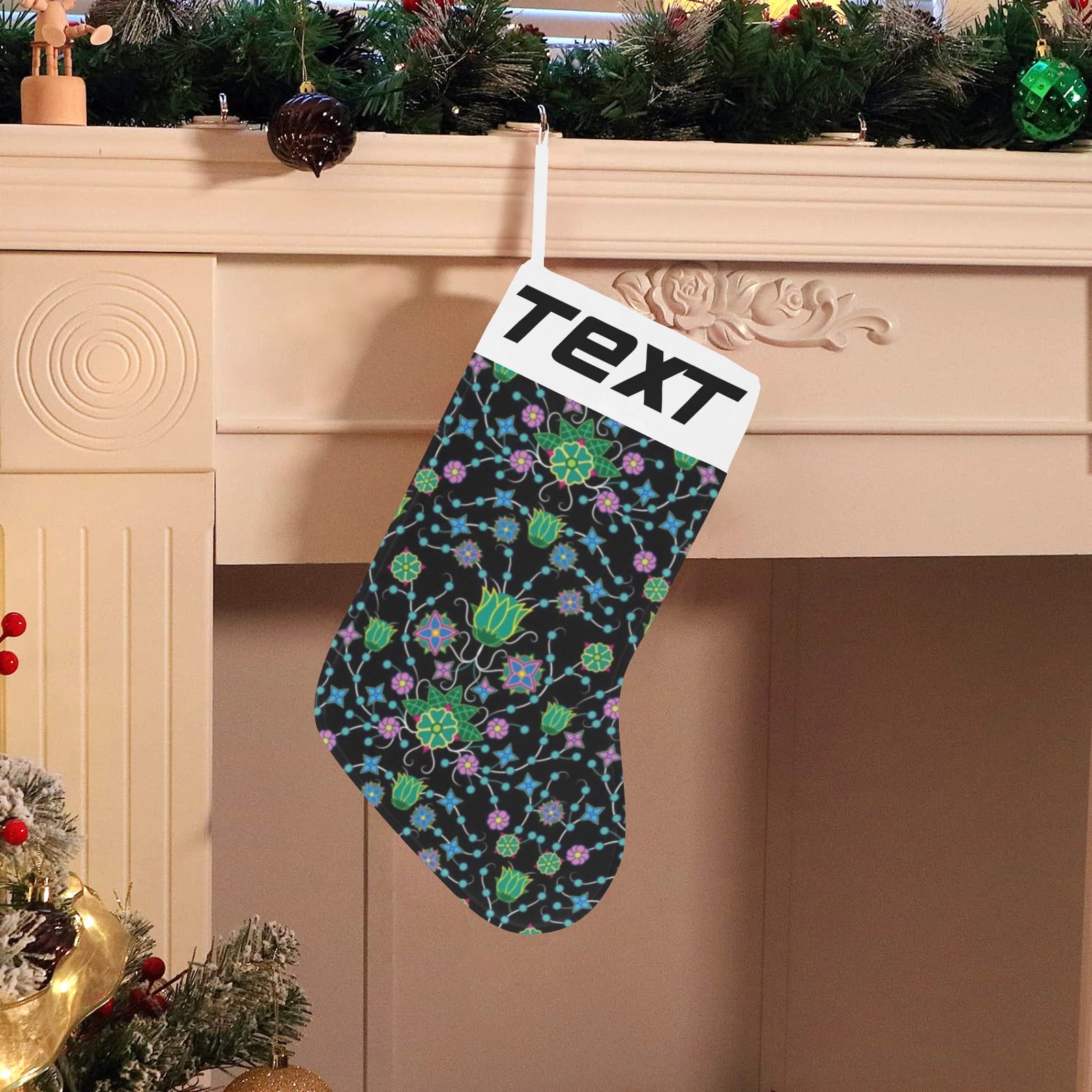 Floral Damask Garden Christmas Stocking (Custom Text on The Top)
