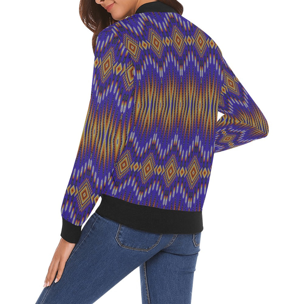 Fire Feather Blue All Over Print Bomber Jacket for Women