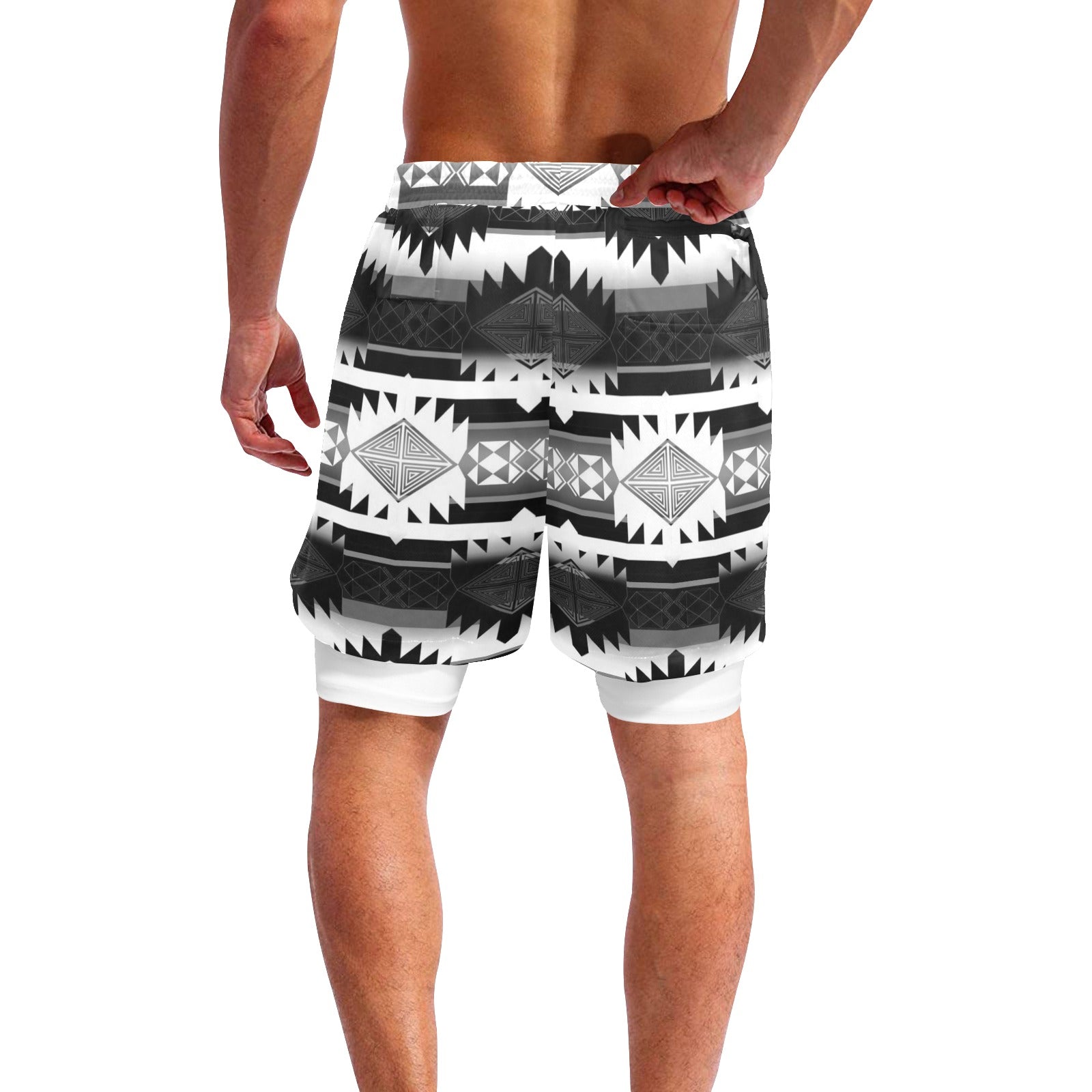 Okotoks Black and White Men's Sports Shorts with Compression Liner