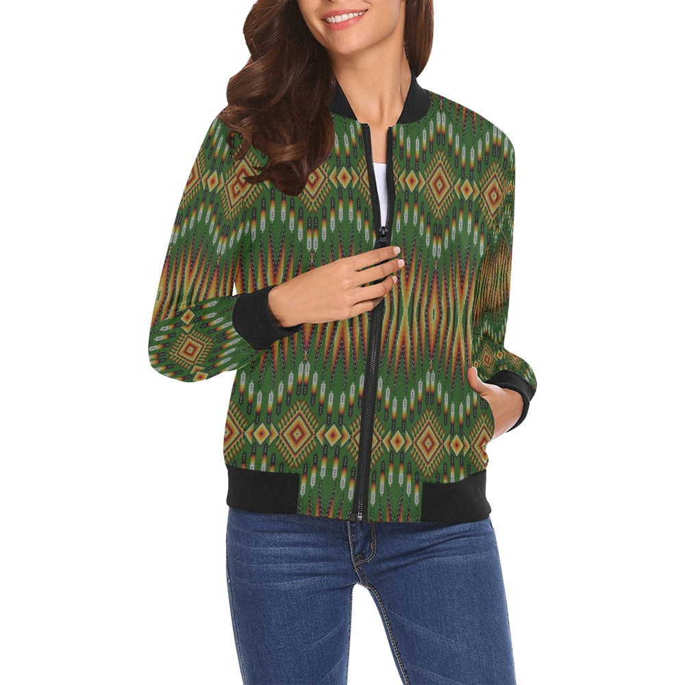 Fire Feather Green All Over Print Bomber Jacket for Women