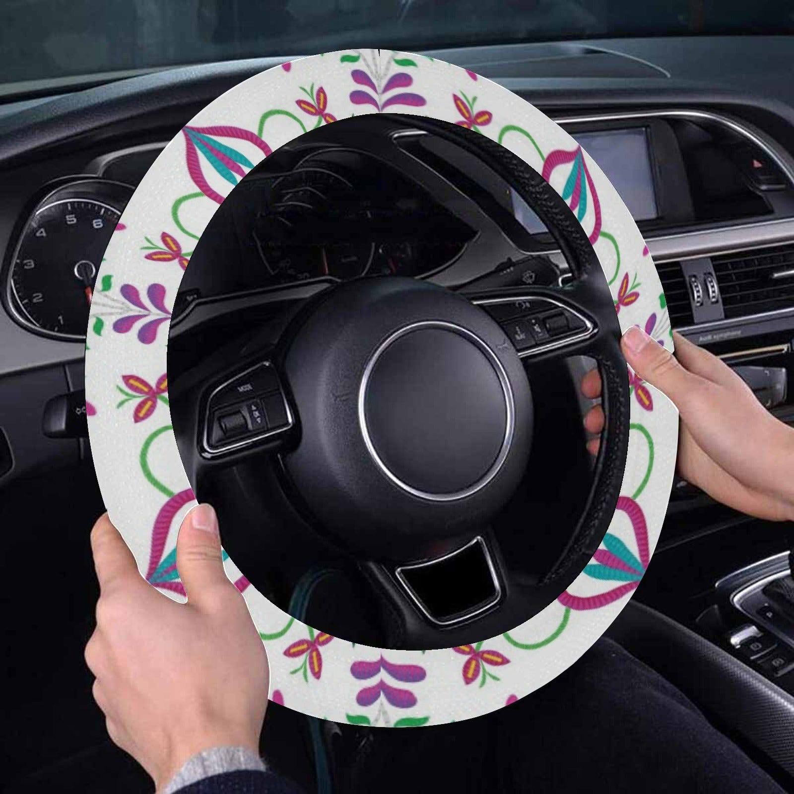 Quilled Divine White Steering Wheel Cover with Elastic Edge