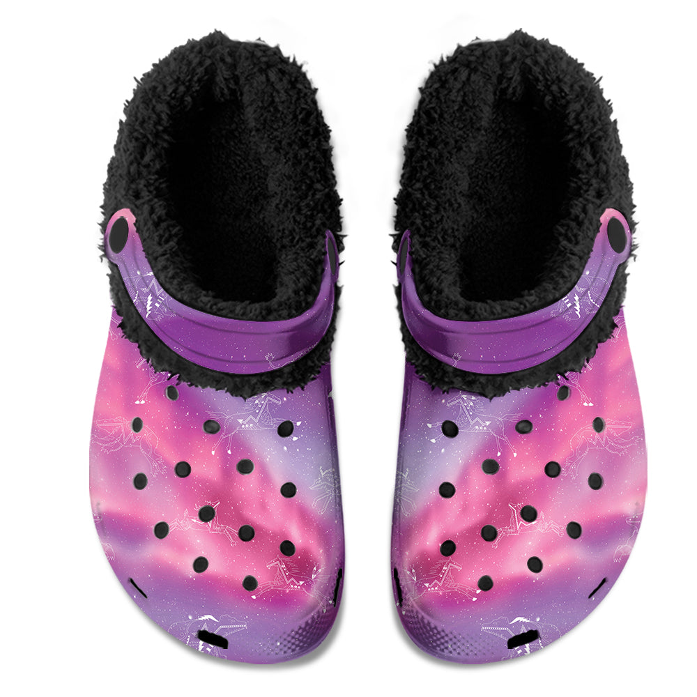 Animal Ancestors 7 Aurora Gases Pink and Purple Muddies Unisex Clog Shoes with Soft Fleece Fur Lining