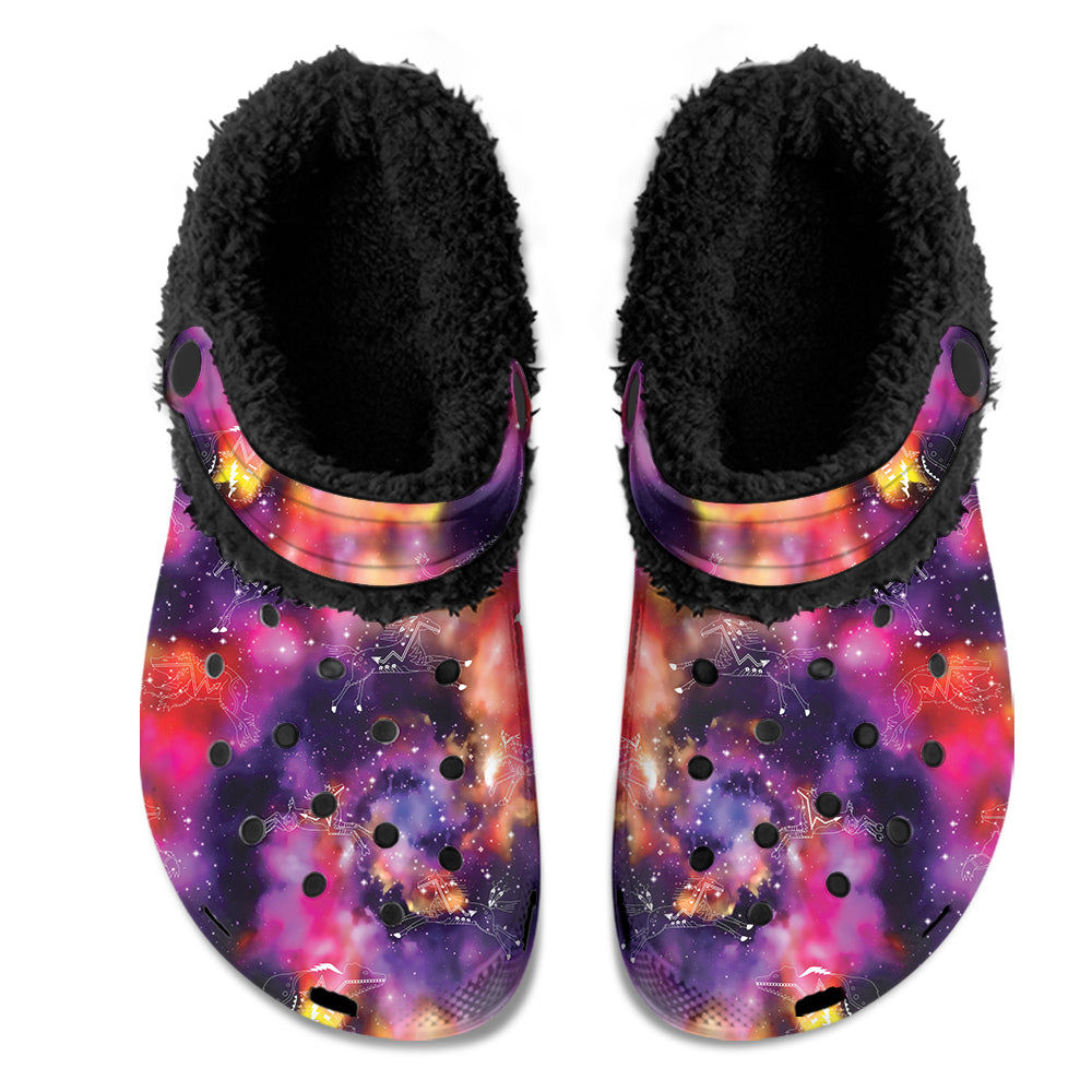 Animal Ancestors 9 Cosmic Swirl Purple and Red Muddies Unisex Clog Shoes with Soft Fleece Fur Lining
