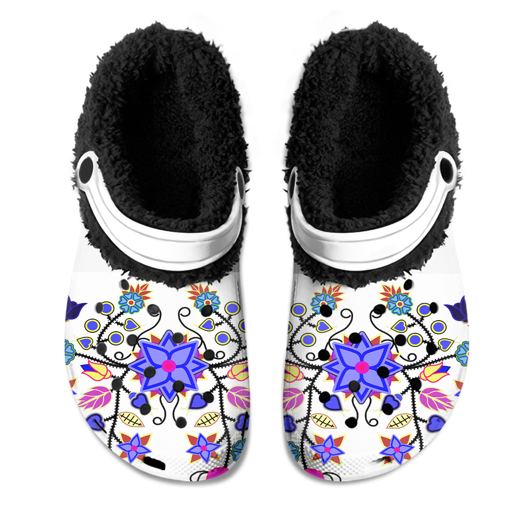Floral Beadwork Seven Clans White Muddies Unisex Clog Shoes with Soft Fleece Fur Lining