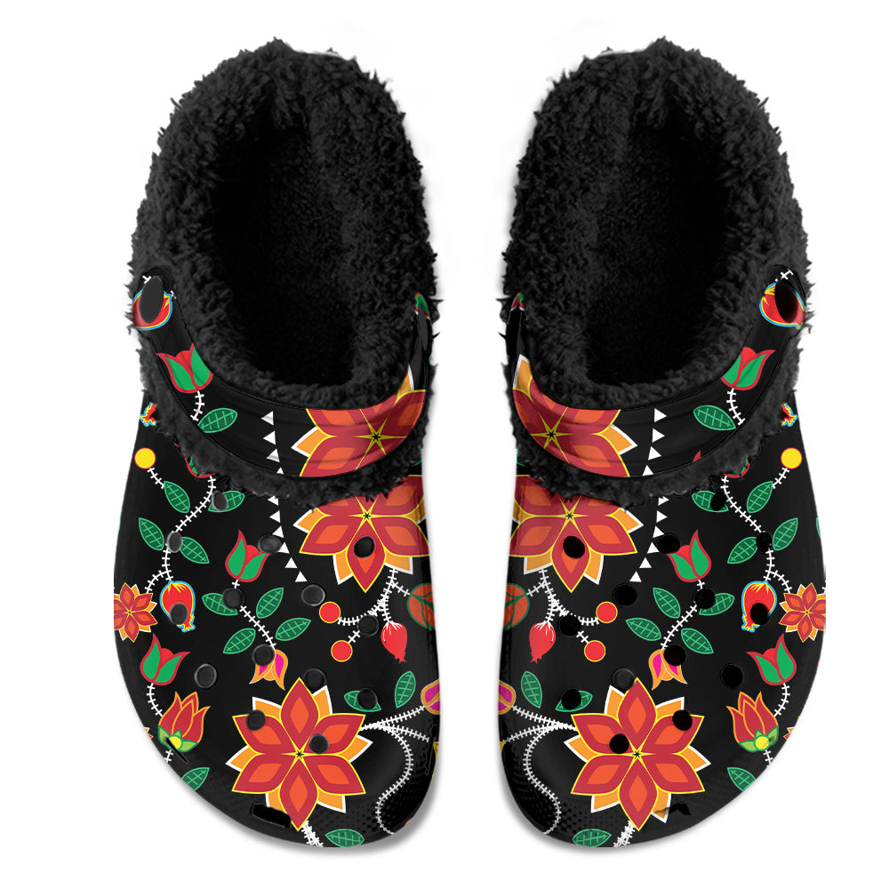 Floral Beadwork Six Bands Muddies Unisex Clog Shoes with Soft Fleece Fur Lining