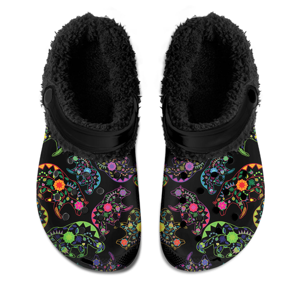 Neon Floral Bear Muddies Unisex Clog Shoes with Soft Fleece Fur Lining