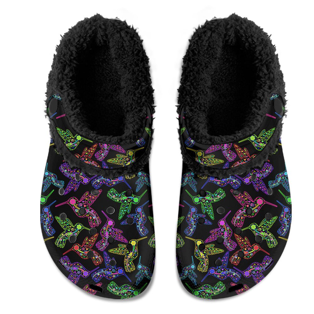 Neon Floral Hummingbird Muddies Unisex Clog Shoes with Soft Fleece Fur Lining