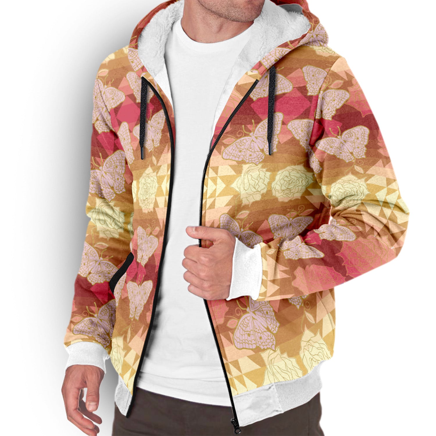 Butterfly and Roses on Geometric Sherpa Hoodie