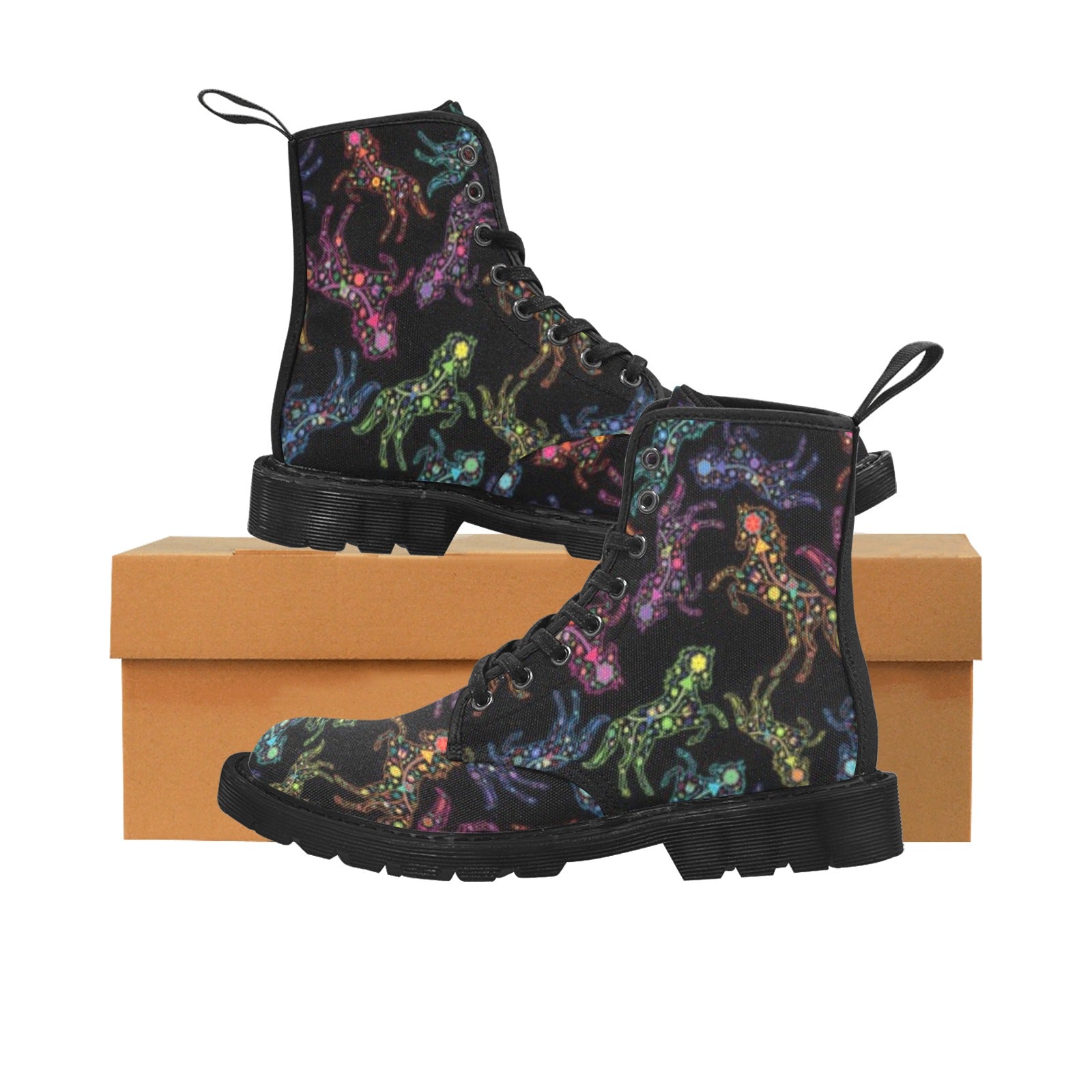 Neon Floral Horses Boots for Men (Black)