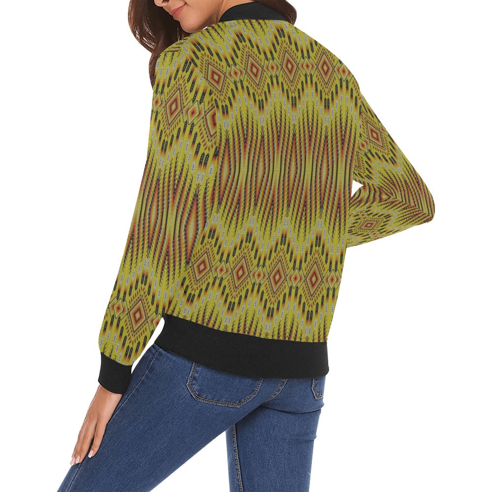 Fire Feather Yellow All Over Print Bomber Jacket for Women