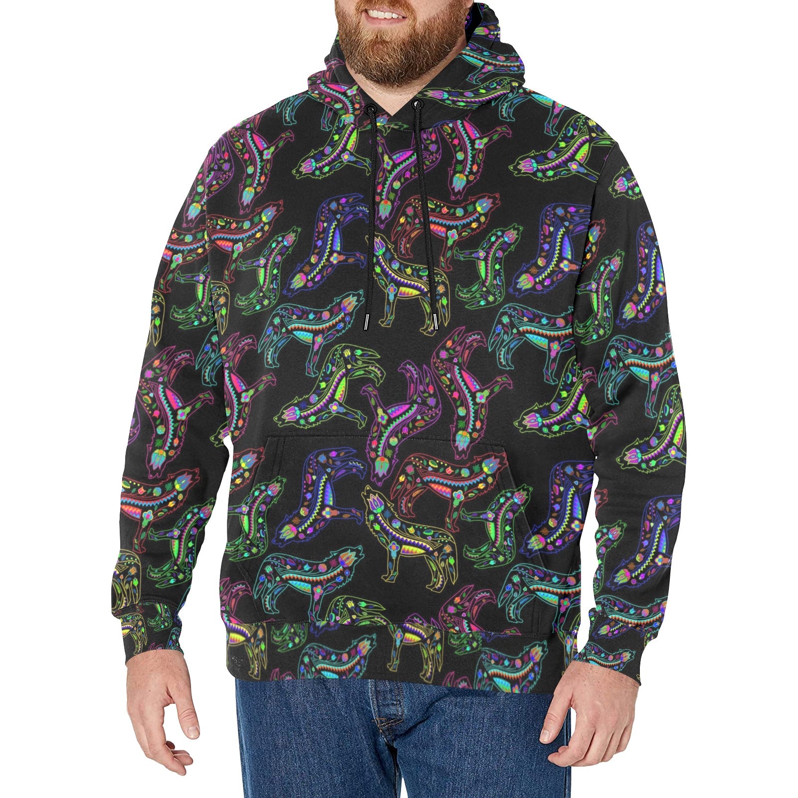 Neon Floral Wolves Men's Long Sleeve Fleece Hoodie