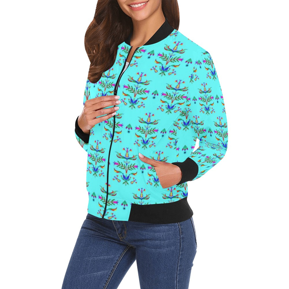 Dakota Damask Turquoise All Over Print Bomber Jacket for Women