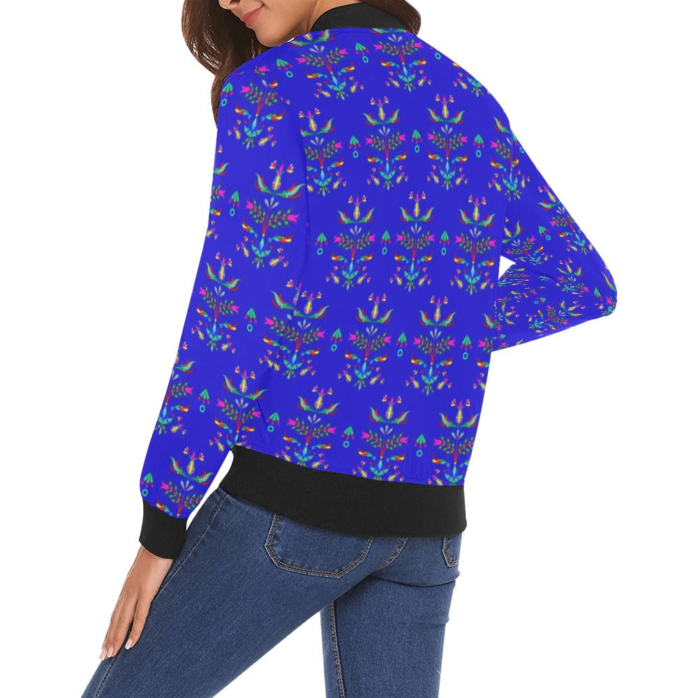 Dakota Damask Blue All Over Print Bomber Jacket for Women