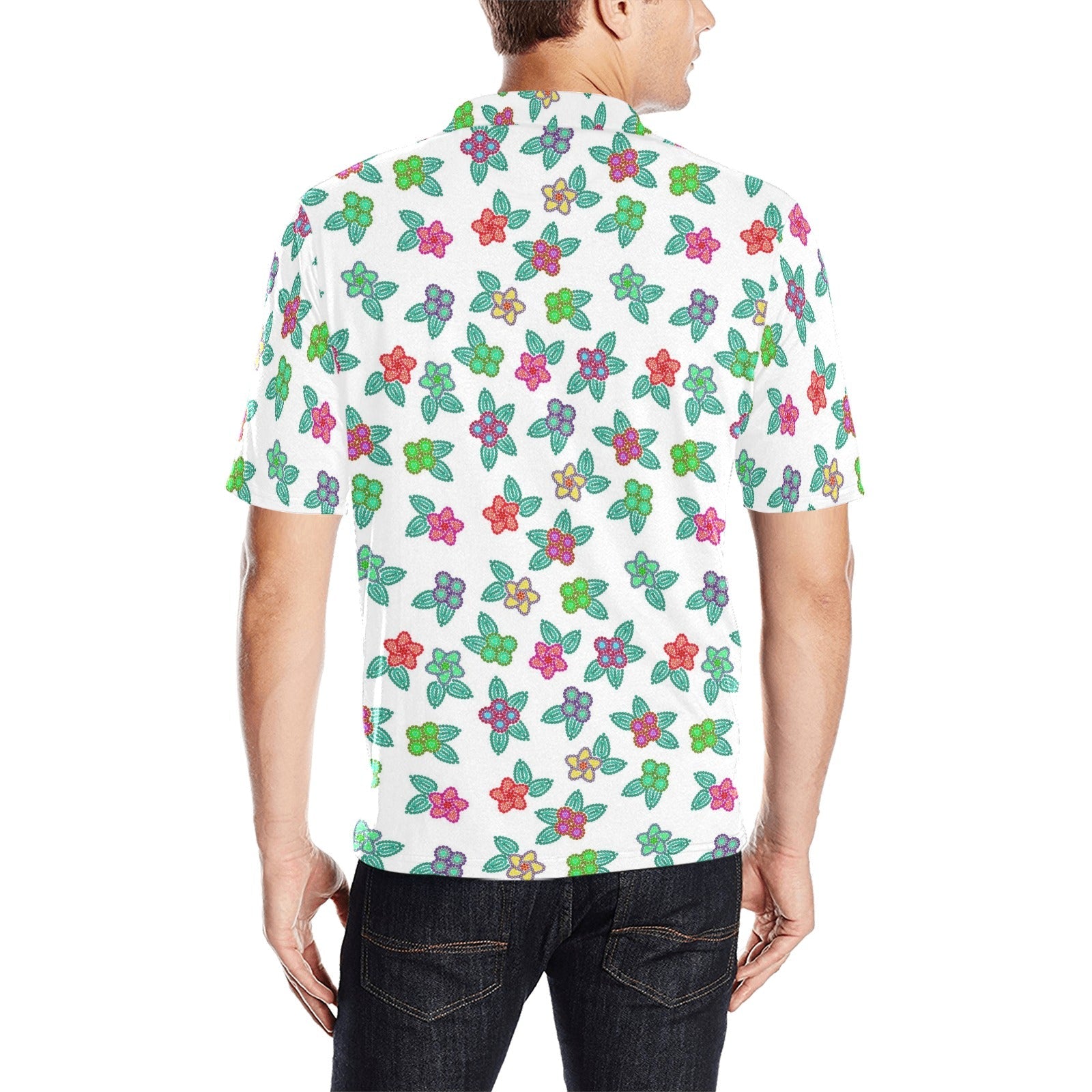 Berry Flowers White Men's All Over Print Polo Shirt (Model T55) Men's Polo Shirt (Model T55) e-joyer 