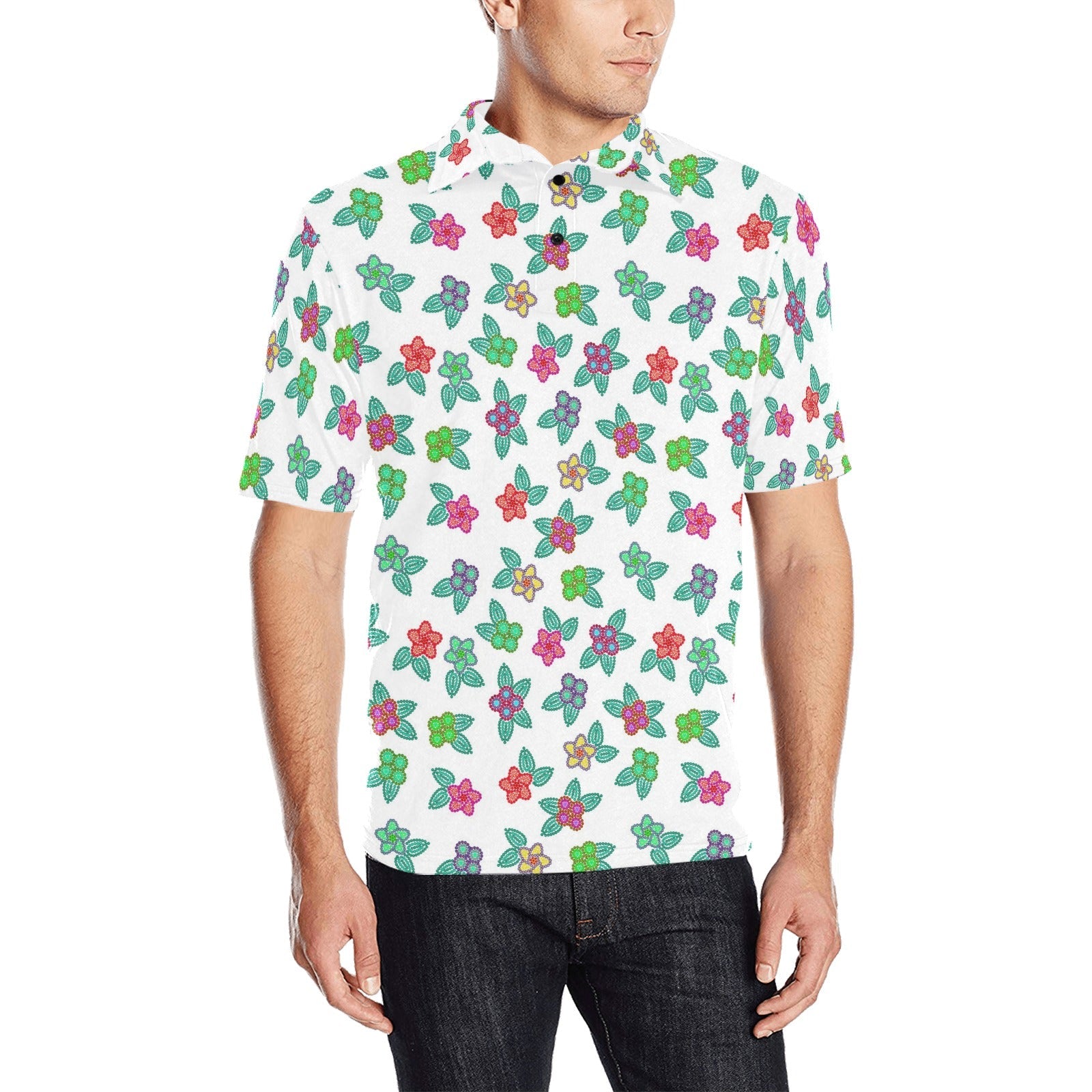 Berry Flowers White Men's All Over Print Polo Shirt (Model T55) Men's Polo Shirt (Model T55) e-joyer 