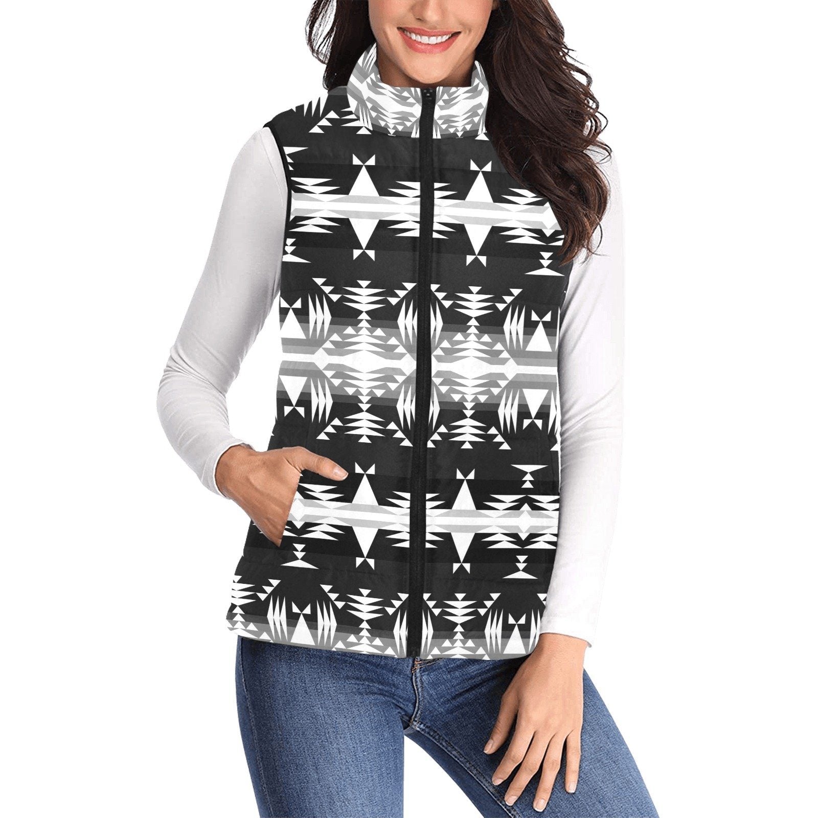 Between the Mountains Black and White Women's Padded Vest Jacket (Model H44) Women's Padded Vest Jacket (H44) e-joyer 
