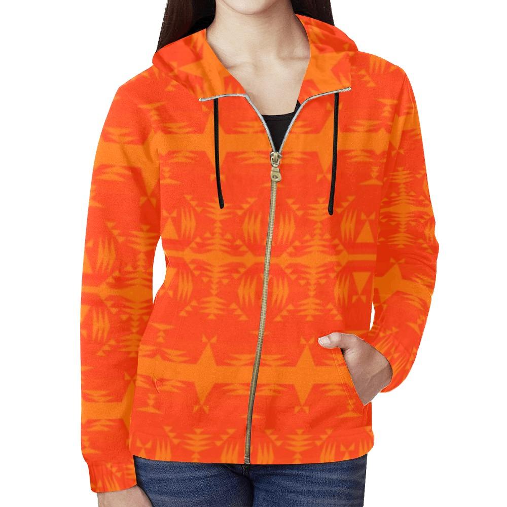 Between the Mountains Orange A feather for each All Over Print Full Zip Hoodie for Women (Model H14) All Over Print Full Zip Hoodie for Women (H14) e-joyer 