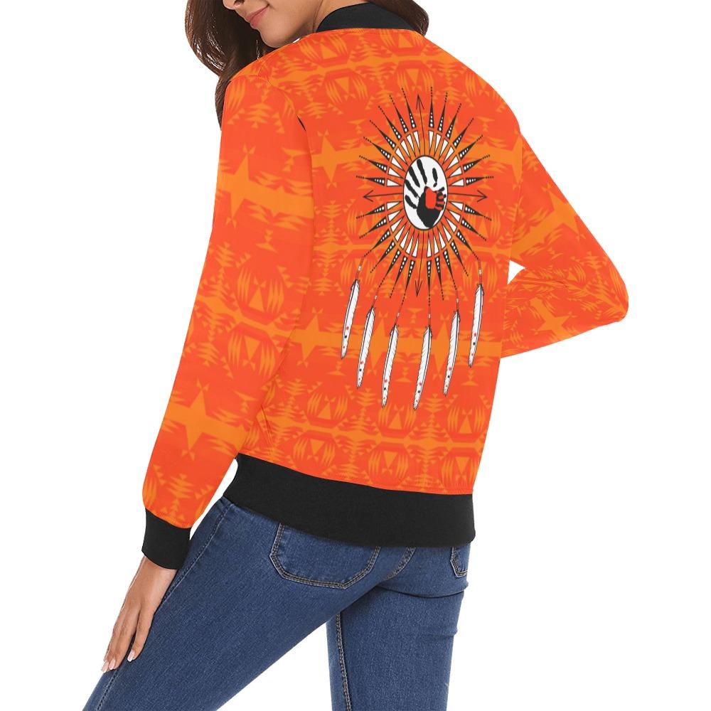 Between the Mountains Orange Feather Directions All Over Print Bomber Jacket for Women (Model H19) All Over Print Bomber Jacket for Women (H19) e-joyer 