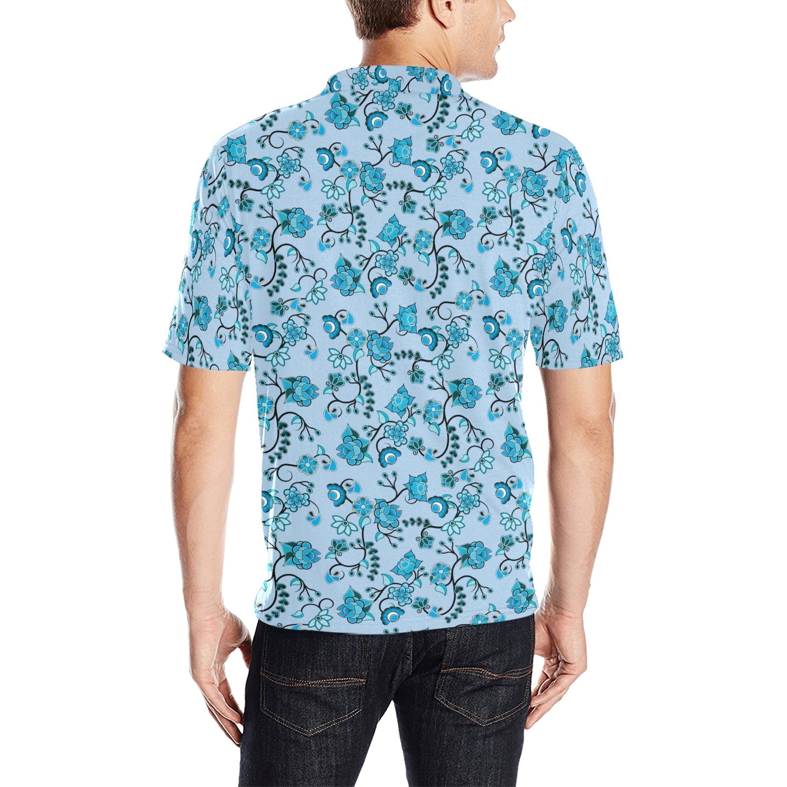 Blue Floral Amour Men's All Over Print Polo Shirt (Model T55) Men's Polo Shirt (Model T55) e-joyer 