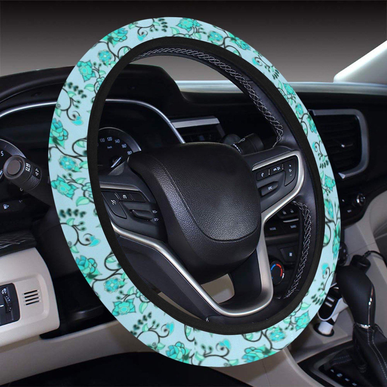 Blue Floral Amour Steering Wheel Cover with Elastic Edge Steering Wheel Cover with Elastic Edge e-joyer 