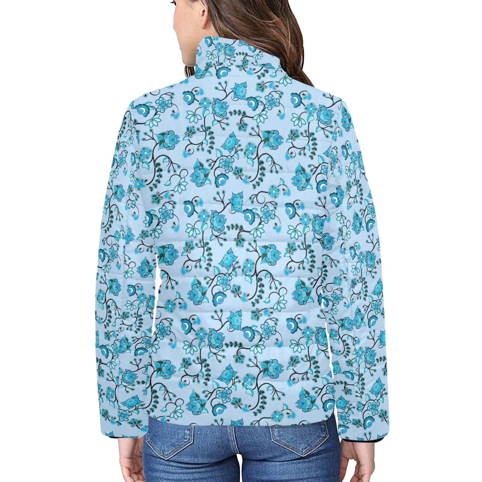 Blue Floral Amour Women's Stand Collar Padded Jacket (Model H41) jacket e-joyer 