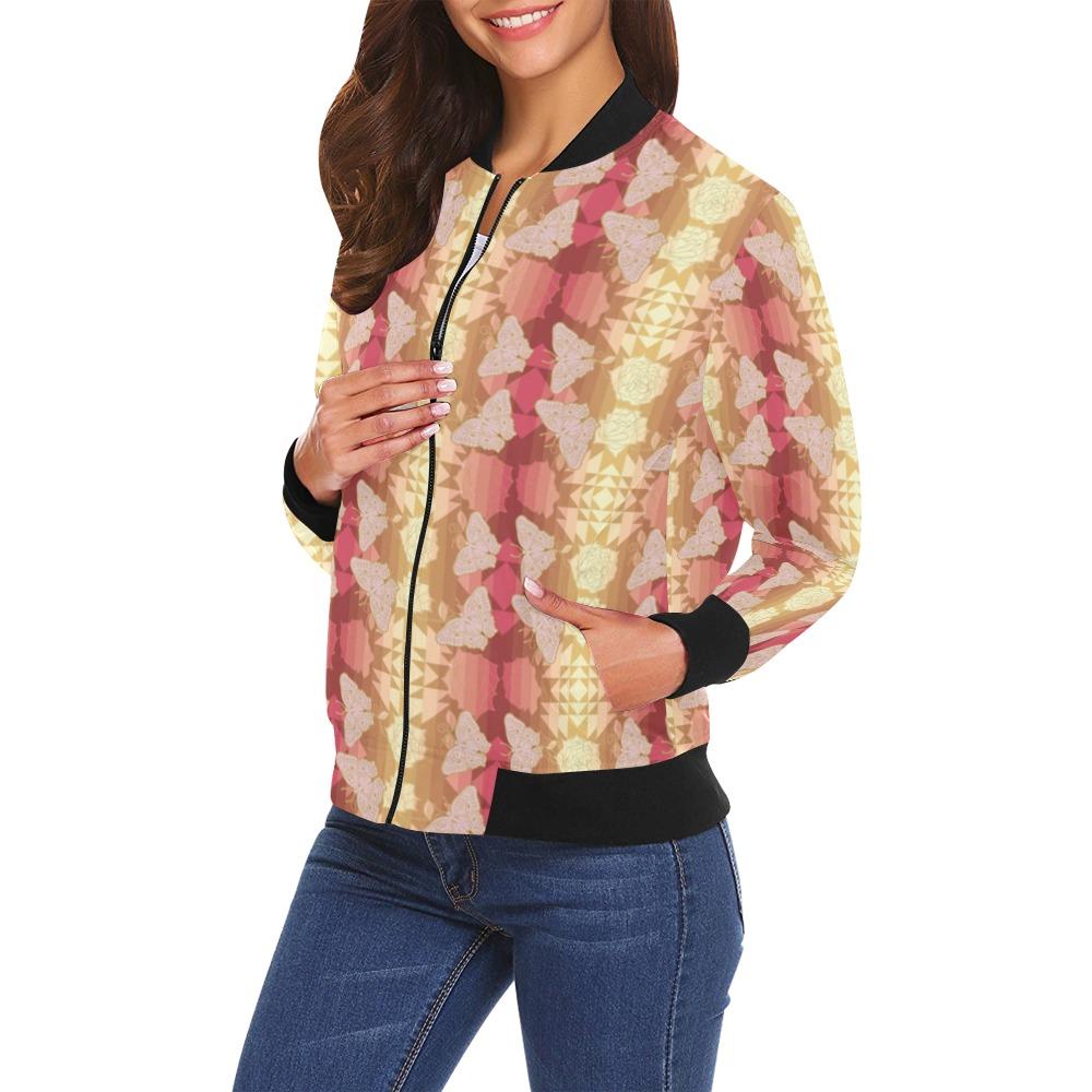 Butterfly and Roses on Geometric All Over Print Bomber Jacket for Women (Model H19) All Over Print Bomber Jacket for Women (H19) e-joyer 