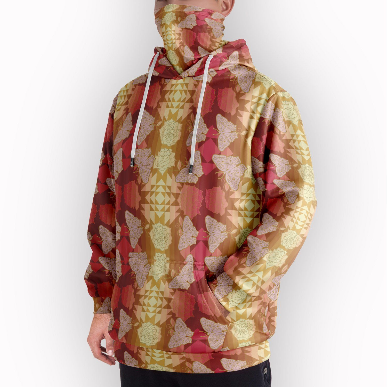 Butterfly and Roses on Geometric Hoodie with Face Cover 49 Dzine 