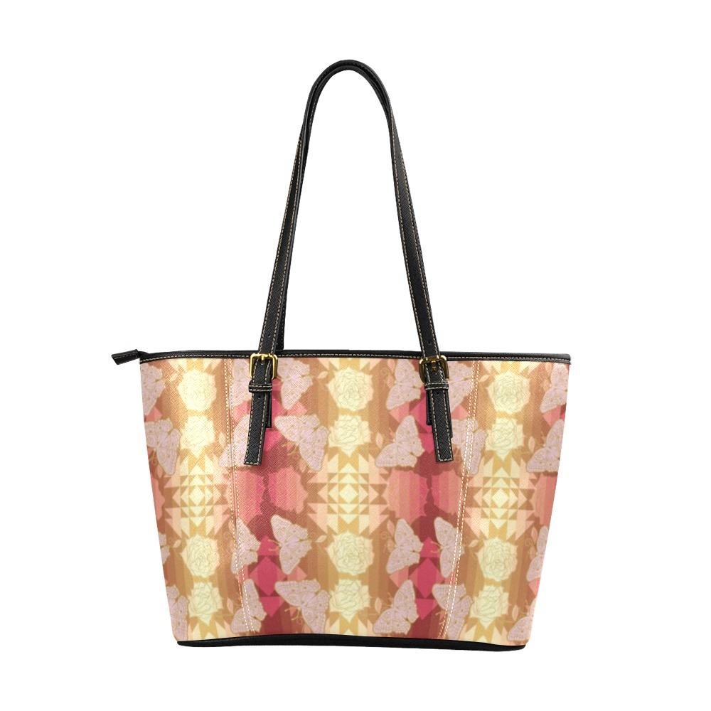 Butterfly and Roses on Geometric Leather Tote Bag/Large (Model 1640) bag e-joyer 