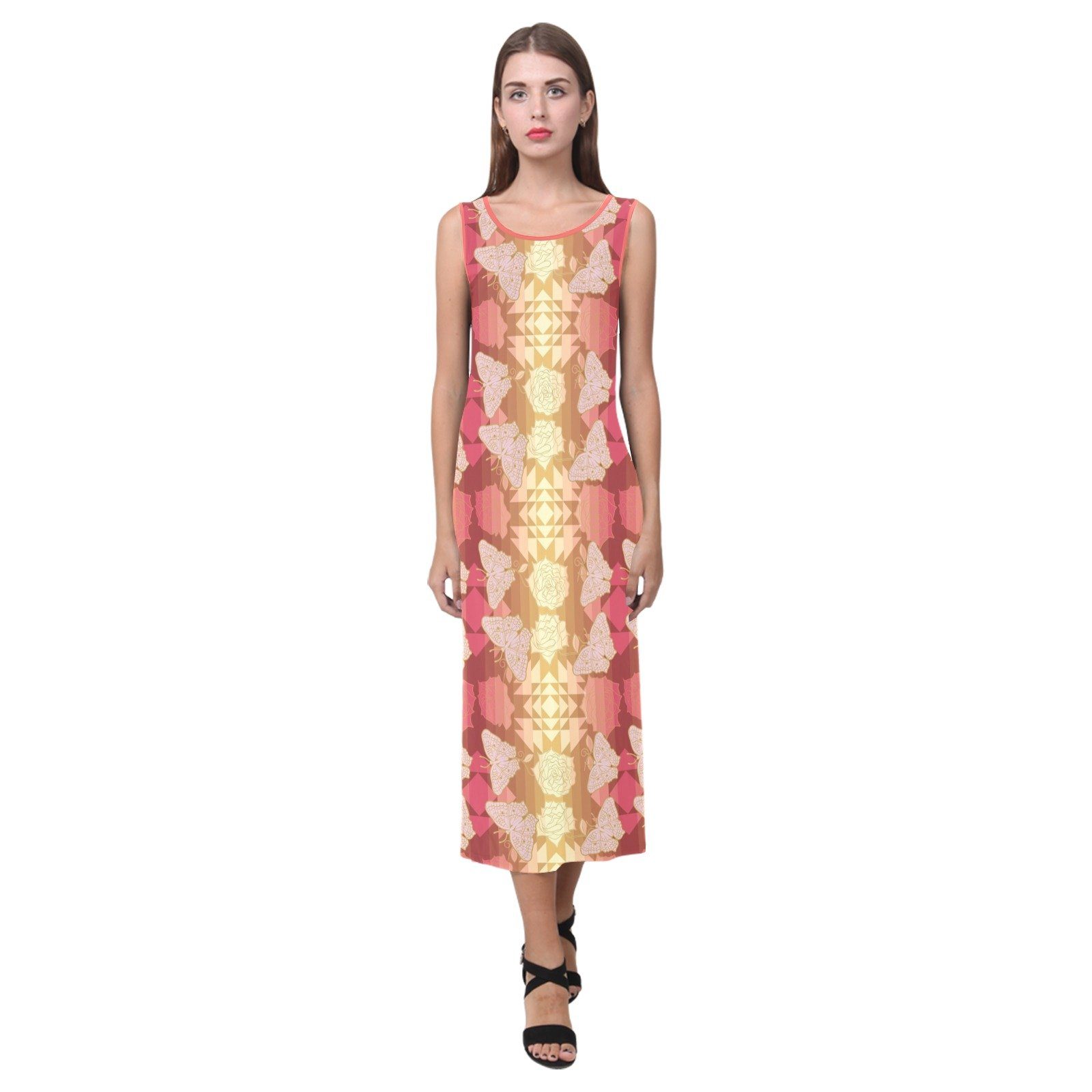 Butterfly and Roses on Geometric Phaedra Sleeveless Open Fork Long Dress (Model D08) dress e-joyer 