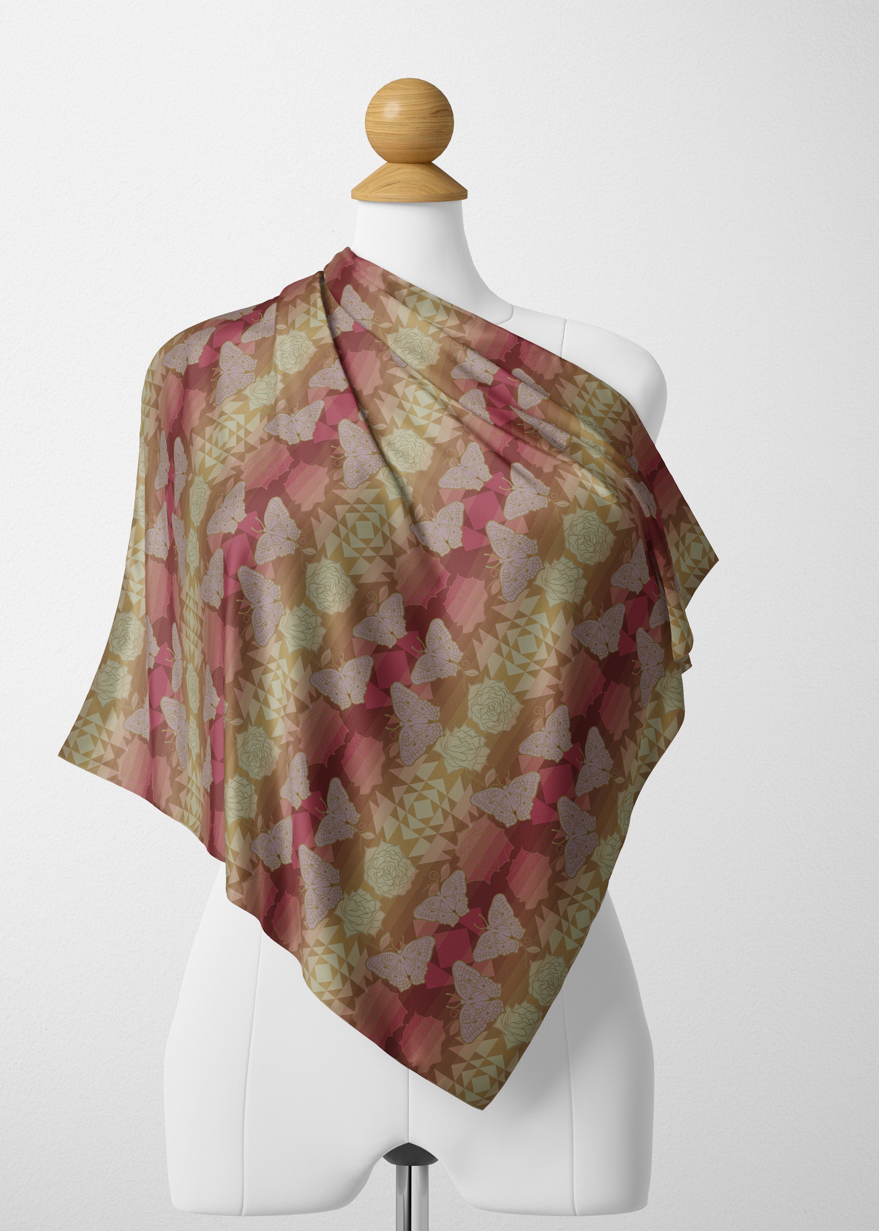Butterfly and Roses on Geometric Satin Shawl Scarf 49 Dzine 