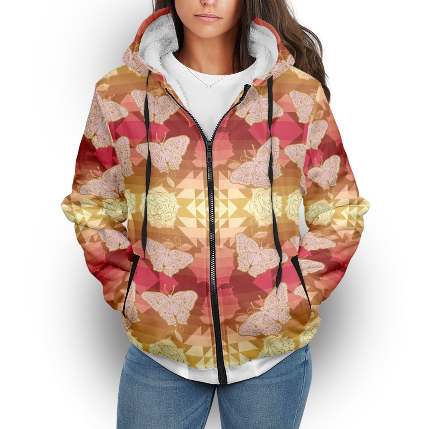 Butterfly and Roses on Geometric Sherpa Hoodie hoodie Herman 