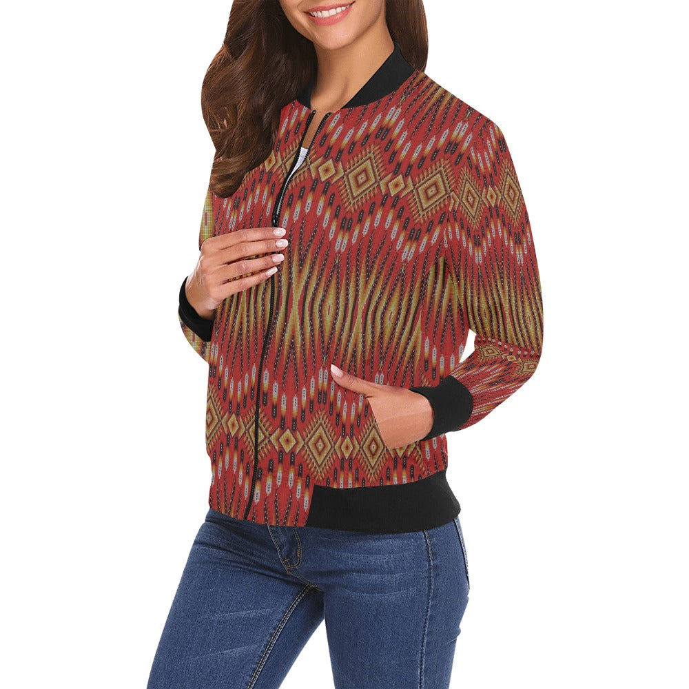 Fire Feather Red All Over Print Bomber Jacket for Women