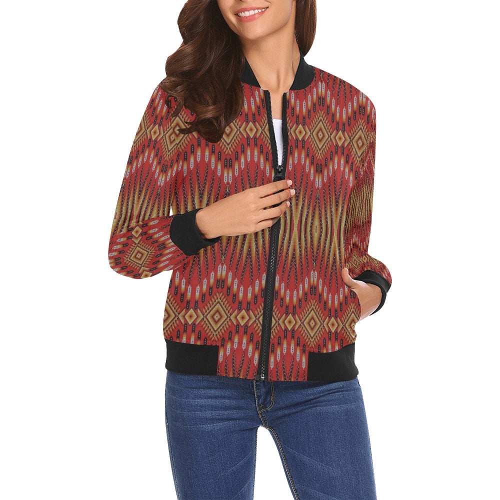 Fire Feather Red All Over Print Bomber Jacket for Women
