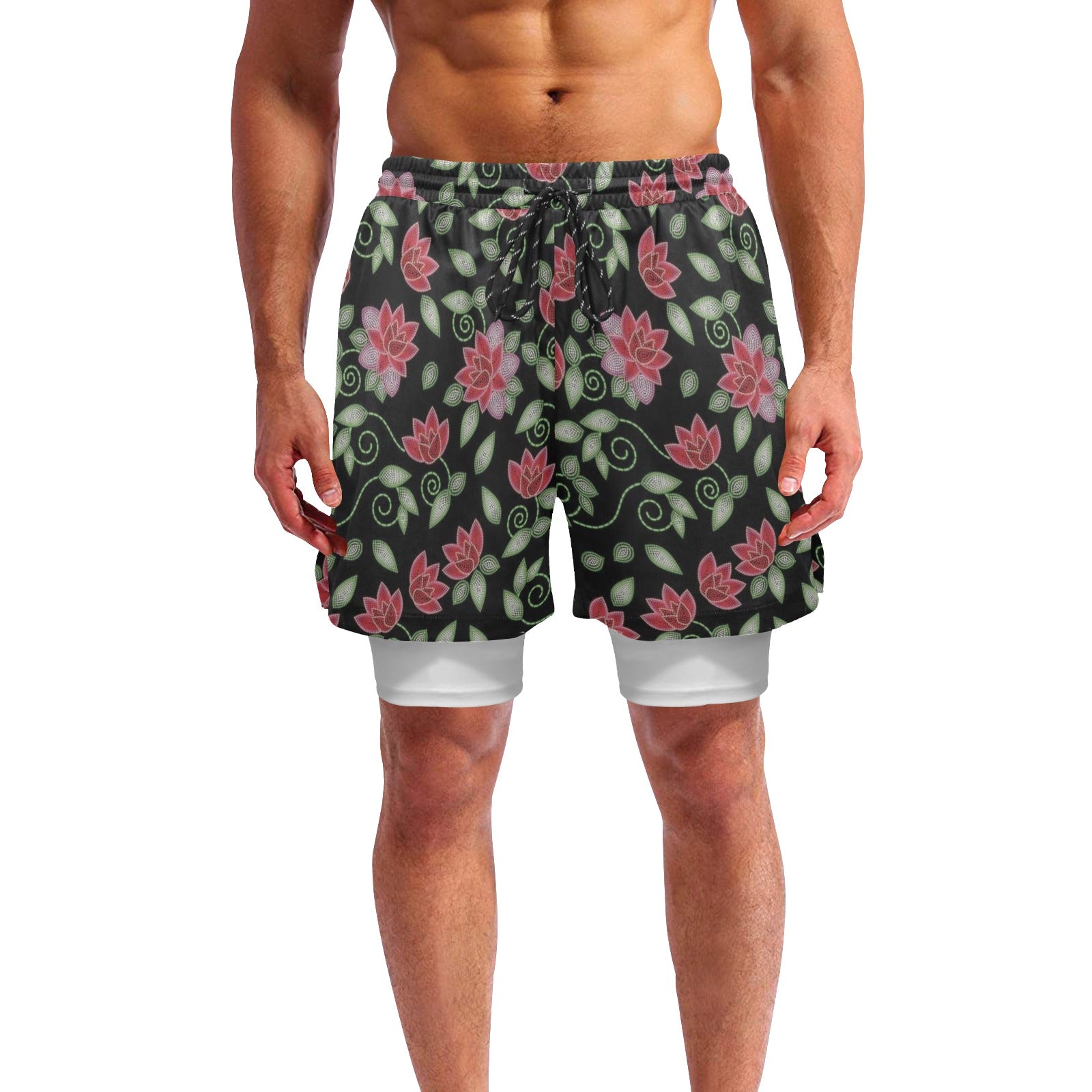 Red Beaded Rose Men's Sports Shorts with Compression Liner