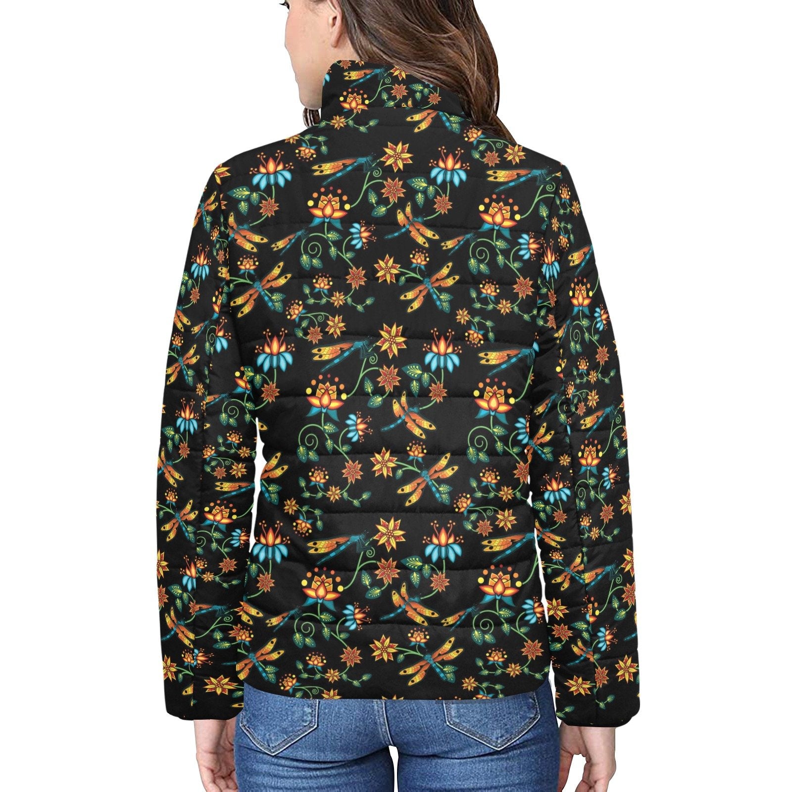 Dragon Lily Noir Women's Stand Collar Padded Jacket (Model H41) jacket e-joyer 