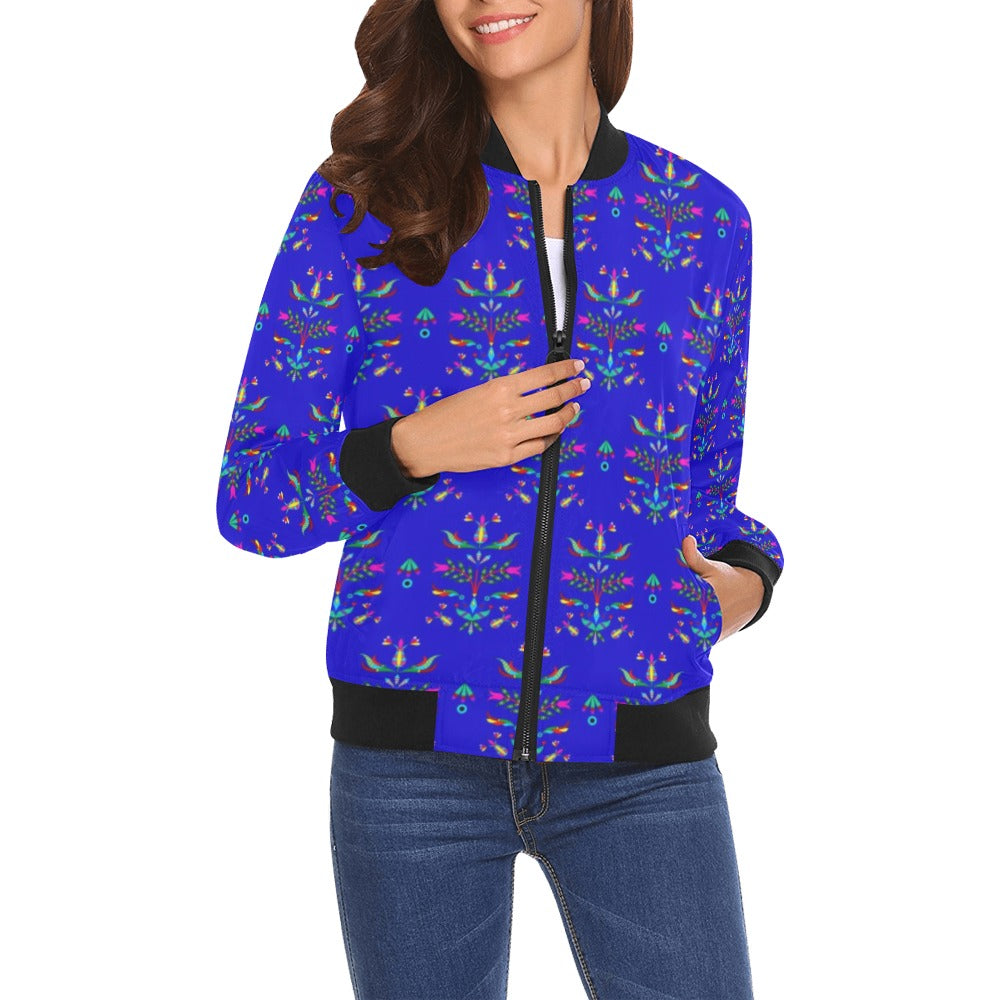 Dakota Damask Blue All Over Print Bomber Jacket for Women