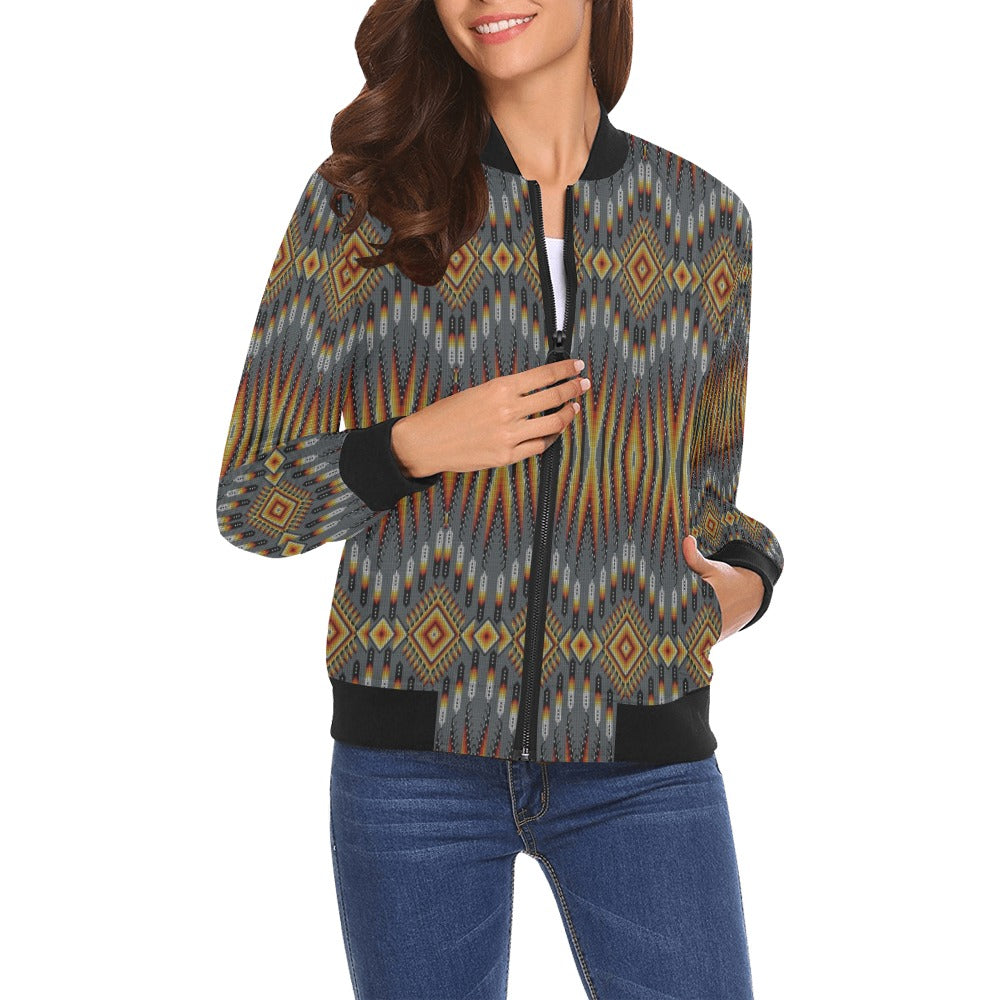 Fire Feather Grey All Over Print Bomber Jacket for Women