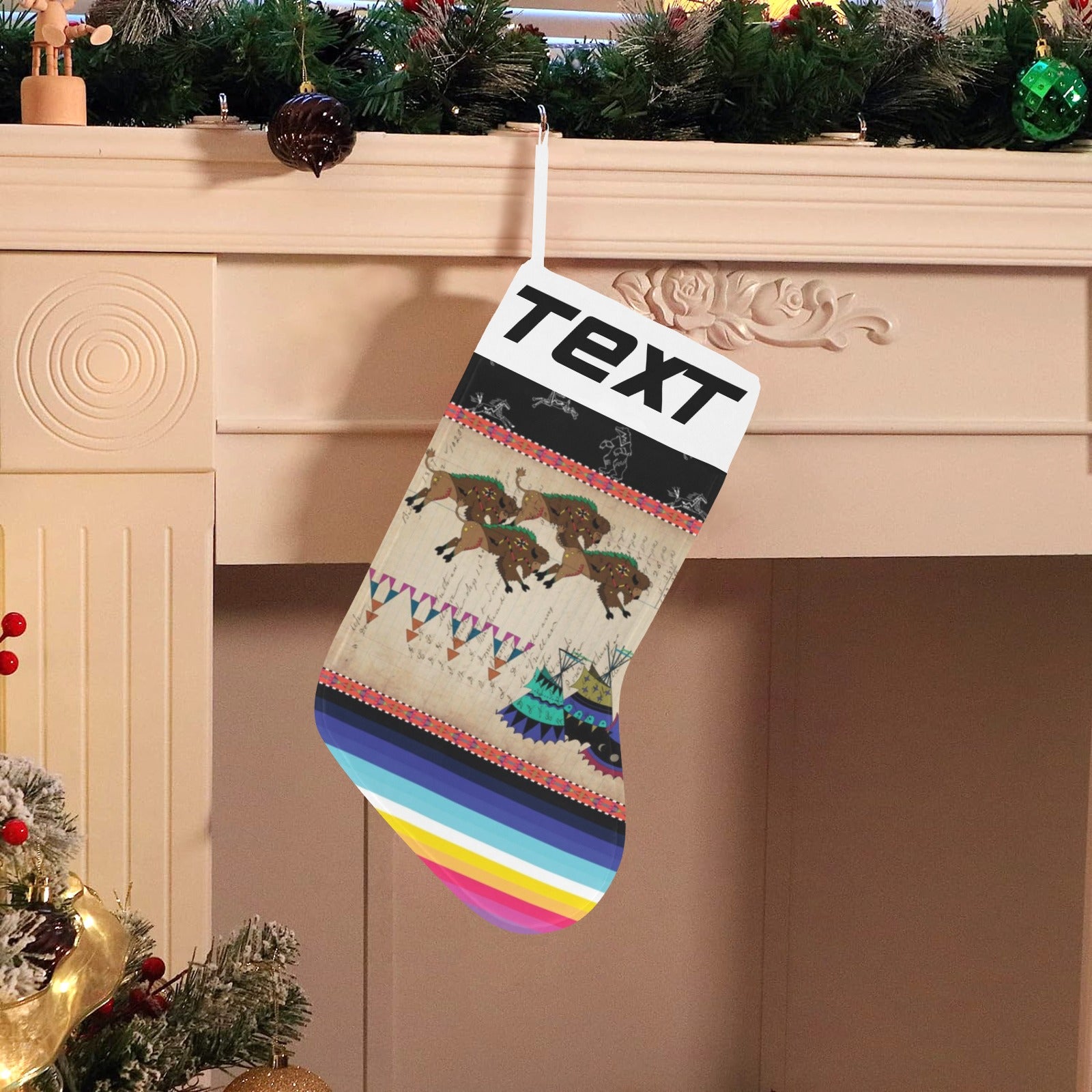 Buffalos Running Black Sky Christmas Stocking (Custom Text on The Top)